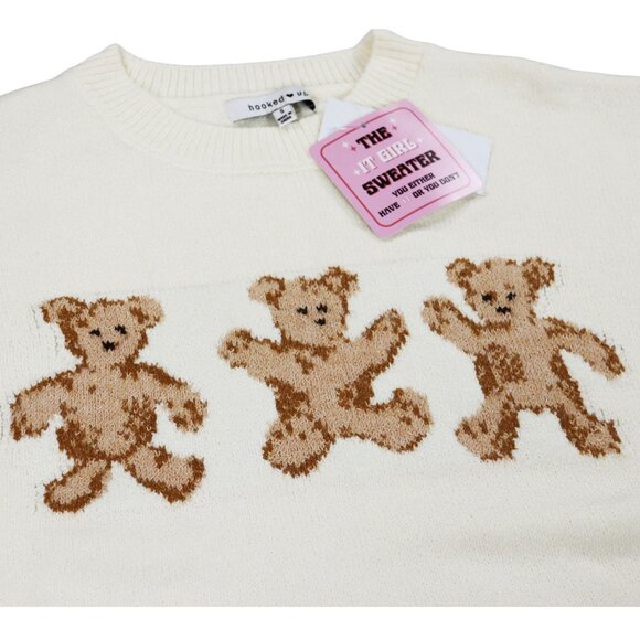 Hooked Up Juniors Teddy Bear "It Girl" Crew Neck Women's Sweater NWT Cream - Picture 2 of 3